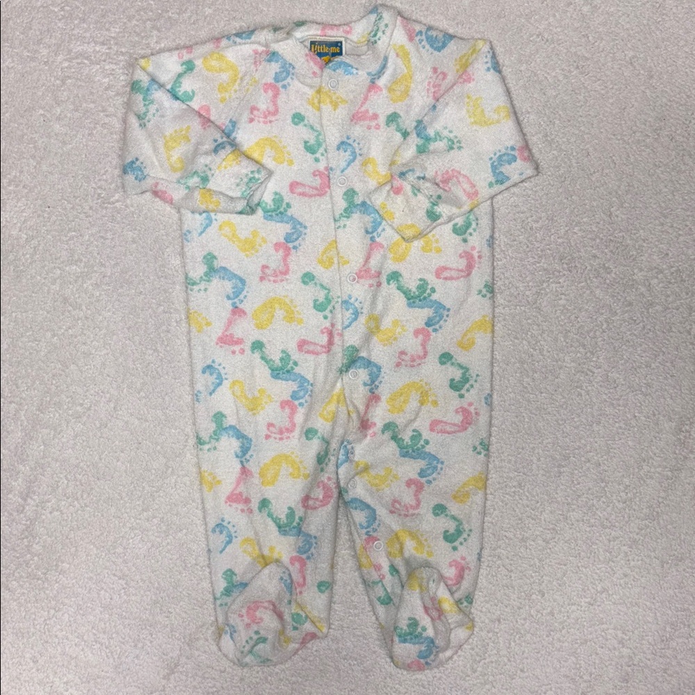 Vintage Little Me  pastel footprint terry cloth sleeper pajama unisex 6/9m